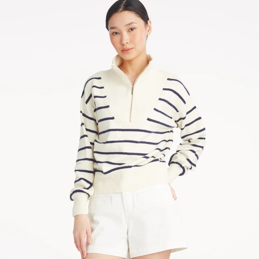 Draper James Striped Quarter Zip Sweater in Mariner Stripe Cotton Blend XS